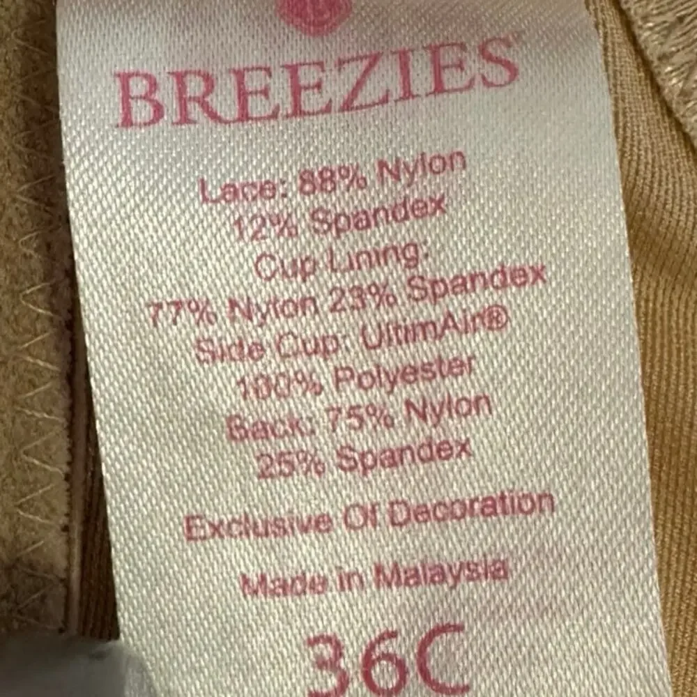 Breezies 36C 36 C Women's Underwire Lace Bra Nude Beige Full Coverage Comfort